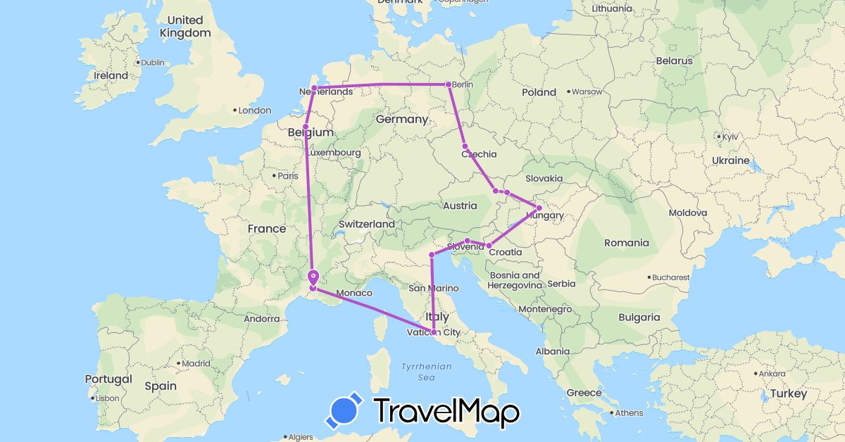 TravelMap itinerary: driving, train in Austria, Belgium, Czech Republic, Germany, France, Croatia, Hungary, Italy, Netherlands, Slovenia, Slovakia (Europe)